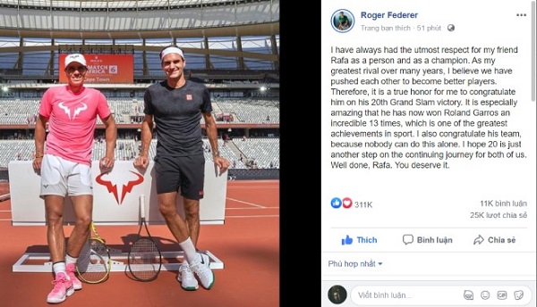 Hành động của cầu thủ Federer sau khi Nadal san bằng kỷ lục của anh là gì?